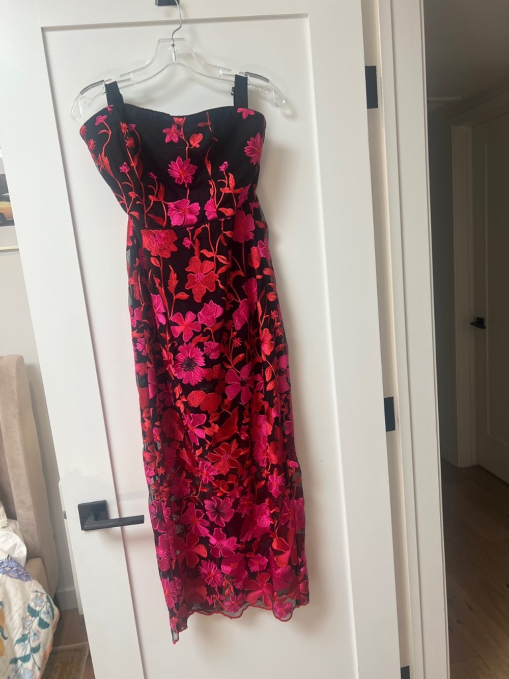 Black Strapless Dress with Hot Pink Floral Embroidery